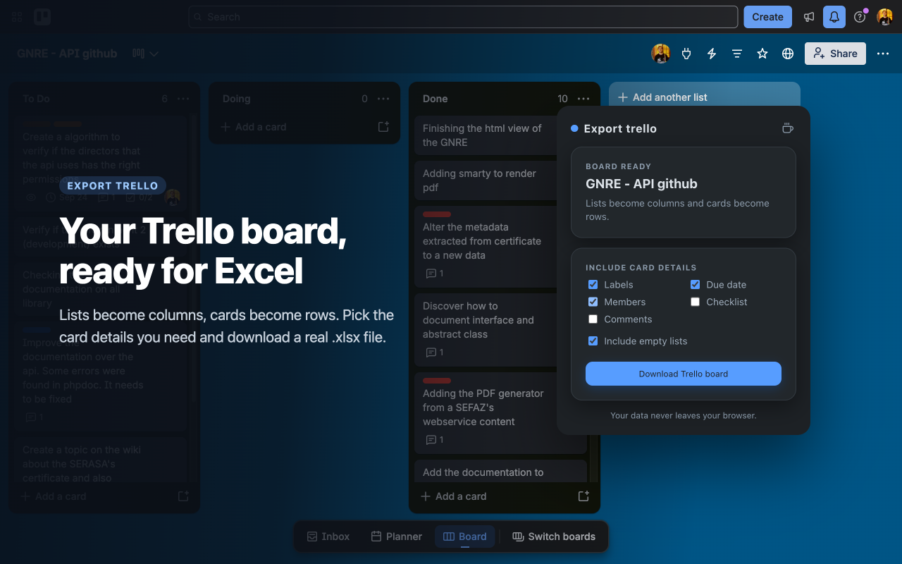 The Export trello popup over a Trello board